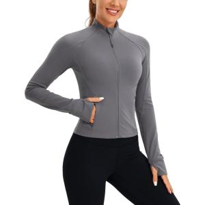 imageCRZ YOGA Butterluxe Waist Length Jackets for Women  Full Zip Athletic Track Tops with Thumb Holes PocketsDark Carbon