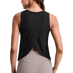 imageCRZ YOGA CottonBlend Split Open Back Tank Tops for Women  Workout Athletic Gym Casual Crewneck Sleeveless ShirtsBlack
