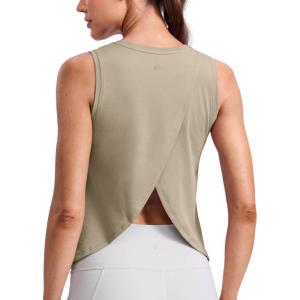 imageCRZ YOGA CottonBlend Split Open Back Tank Tops for Women  Workout Athletic Gym Casual Crewneck Sleeveless ShirtsOak