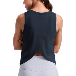 imageCRZ YOGA CottonBlend Split Open Back Tank Tops for Women  Workout Athletic Gym Casual Crewneck Sleeveless ShirtsTrue Navy