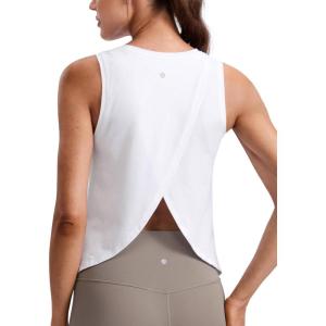 imageCRZ YOGA CottonBlend Split Open Back Tank Tops for Women  Workout Athletic Gym Casual Crewneck Sleeveless ShirtsWhite