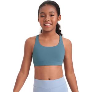 imageCRZ YOGA Girls Butterluxe Cross Back Sports Bra  Yoga Athletic Casual Tops Scoop Neck Padded Crop Kids TeenBlue Ashes