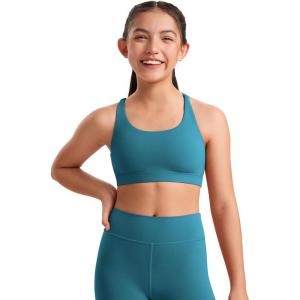imageCRZ YOGA Girls Butterluxe Cross Back Sports Bra  Yoga Athletic Casual Tops Scoop Neck Padded Crop Kids TeenBorealis Green