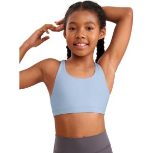 imageCRZ YOGA Girls Butterluxe Cross Back Sports Bra  Yoga Athletic Casual Tops Scoop Neck Padded Crop Kids TeenCambric Blue