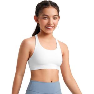 imageCRZ YOGA Girls Butterluxe Cross Back Sports Bra  Yoga Athletic Casual Tops Scoop Neck Padded Crop Kids TeenWhite