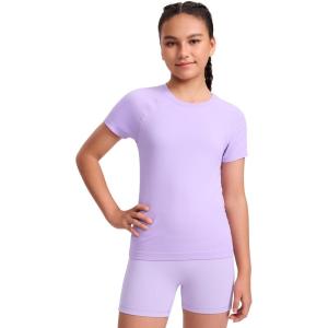 imageCRZ YOGA Girls Seamless Short Sleeve Athletic T Shirts  Active Sports Casual Tees Crew Neck Kids TeenElfin Purple