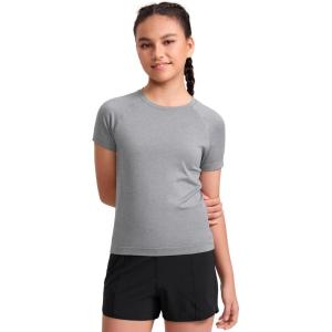 imageCRZ YOGA Girls Seamless Short Sleeve Athletic T Shirts  Active Sports Casual Tees Crew Neck Kids TeenSlate Grey Marl