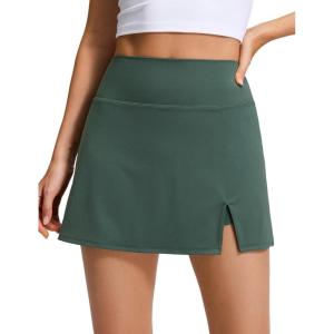 imageCRZ YOGA High Rise Front Slit Golf Skirts for Women  Mini Aline Tennis Casual Skort with Builtin Shorts Side PocketsDark Forest Green