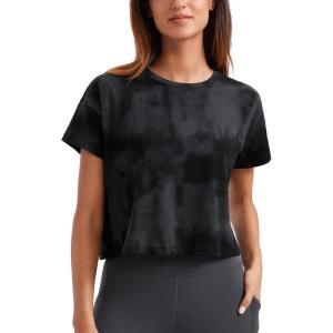 imageCRZ YOGA Pima Cotton Relaxed Crop TShirts for Women  Workout Athletic Gym Casual Short Sleeve Shirts Loose Crewneck TopsBlack Tie Dye Flowers