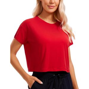 imageCRZ YOGA Pima Cotton Relaxed Crop TShirts for Women  Workout Athletic Gym Casual Short Sleeve Shirts Loose Crewneck TopsFestival Red