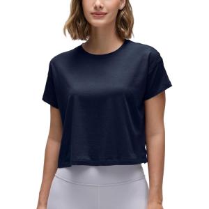 imageCRZ YOGA Pima Cotton Relaxed Crop TShirts for Women  Workout Athletic Gym Casual Short Sleeve Shirts Loose Crewneck TopsNavy