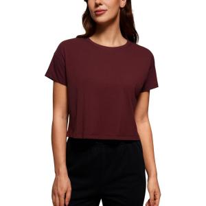 imageCRZ YOGA Pima Cotton Relaxed Crop TShirts for Women  Workout Athletic Gym Casual Short Sleeve Shirts Loose Crewneck TopsRed Merlot
