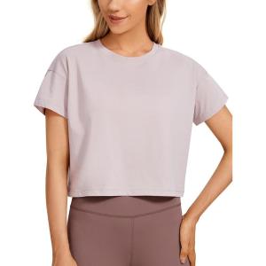 imageCRZ YOGA Pima Cotton Relaxed Crop TShirts for Women  Workout Athletic Gym Casual Short Sleeve Shirts Loose Crewneck TopsSmoky Blush