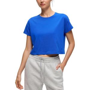 imageCRZ YOGA Pima Cotton Relaxed Crop TShirts for Women  Workout Athletic Gym Casual Short Sleeve Shirts Loose Crewneck TopsStrong Blue