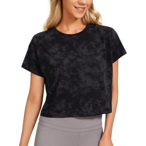 imageCRZ YOGA Pima Cotton Relaxed Crop TShirts for Women  Workout Athletic Gym Casual Short Sleeve Shirts Loose Crewneck TopsTie Dye Smoke Ink