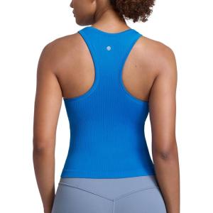 imageCRZ YOGA Seamless Ribbed High Neck Tank Top for Women  Sleeveless Crop Yoga Workout Shirt with Built in BraSparkle Blue