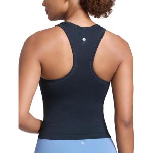 imageCRZ YOGA Seamless Ribbed High Neck Tank Top for Women  Sleeveless Crop Yoga Workout Shirt with Built in BraTrue Navy