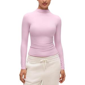 imageCRZ YOGA Softembrace Mock Neck Long Sleeve Shirts for Women  Casual Going Out Comfort Tops Soft Fitted Layer Underwear TeesPink Peony