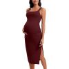imageCRZ YOGA Butterluxe Maternity Square Neck Midi Dress  Split Ruched Tanks Womens Pregnancy Bodycon Casual Baby ShowerRed Merlot