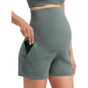 imageCRZ YOGA Butterlift Maternity Linerless Shorts 4  Pockets Comfy Yoga Casual Workout Womens Pregnancy Over The BellyGrey Sage