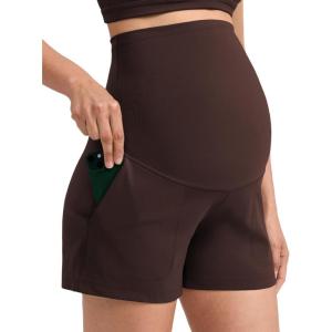 imageCRZ YOGA Butterlift Maternity Linerless Shorts 4  Pockets Comfy Yoga Casual Workout Womens Pregnancy Over The BellyHot Fudge Brown