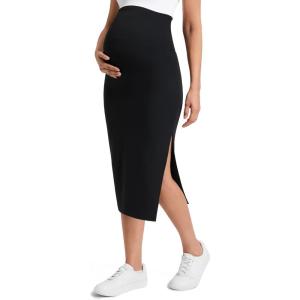 imageCRZ YOGA Butterluxe Maternity Side Split Midi Skirt  Bodycon Womens Pregnancy Casual Pencil Over The Belly Stretchy SoftBlack
