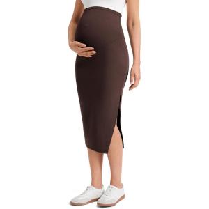 imageCRZ YOGA Butterluxe Maternity Side Split Midi Skirt  Bodycon Womens Pregnancy Casual Pencil Over The Belly Stretchy SoftHot Fudge Brown