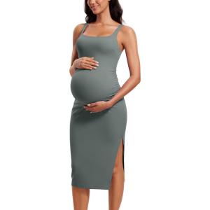 imageCRZ YOGA Butterluxe Maternity Square Neck Midi Dress  Split Ruched Tanks Womens Pregnancy Bodycon Casual Baby ShowerGrey Sage
