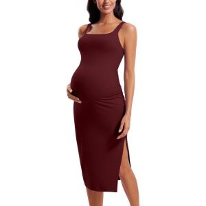 imageCRZ YOGA Butterluxe Maternity Square Neck Midi Dress  Split Ruched Tanks Womens Pregnancy Bodycon Casual Baby ShowerRed Merlot