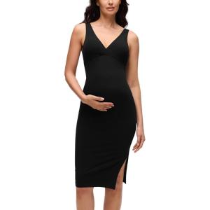 imageCRZ YOGA Butterluxe Maternity V Neck Nursing Midi Dress  Slit Sleeveless Casual Pregnancy Womens Bodycon Built in Bra OutfitBlack