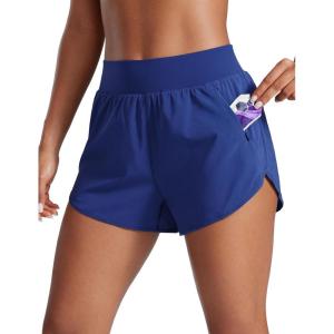 imageCRZ YOGA Dolphin Flat Waist Athletic Shorts for Women 3  High Rise Quick Dry for Running Workout Gym Track with Zip PocketsLarkspur Blue