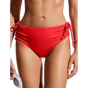 imageCRZ YOGA Mid Waisted Ruched Bikini Bottoms for Women  Full Coverage Bathing Swimsuit Adjustable Side Tie Swim BriefsDeep Red