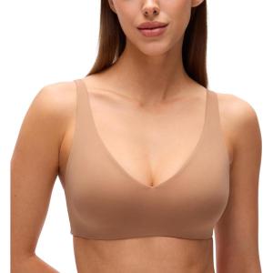 imageCRZ YOGA Softhold Double Lined Deep V Bralette  Womens Adjustable Straps Wireless Plunge TShirt Everyday Bra Comfy SmoothGravel Beige