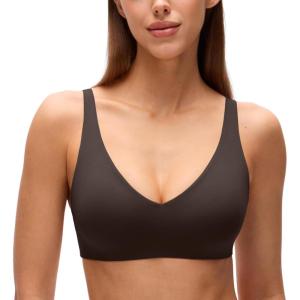 imageCRZ YOGA Softhold Double Lined Deep V Bralette  Womens Adjustable Straps Wireless Plunge TShirt Everyday Bra Comfy SmoothHot Fudge Brown