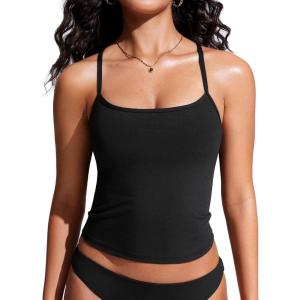 imageCRZ YOGA Spaghetti Straps Tankini Tops for Women  Padded Racerback Scoop Neck Bathing Suit Crop Swim TankBlack