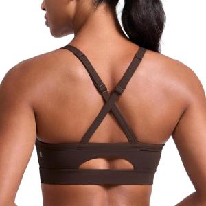 imageCRZ YOGA Butterlift CutOut Cross Back Sports Bras for Women  Medium Impact Adjustable Thin Straps Pilates Padded Gym TopsHot Fudge Brown