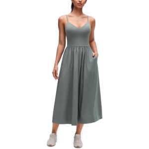 imageCRZ YOGA V Neck Maxi Tank Dress for Women  Adjustable Straps Sleeveless Flowy Casual Outfits with Two Side PocketsGrey Sage
