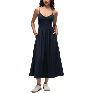 imageCRZ YOGA V Neck Maxi Tank Dress for Women  Adjustable Straps Sleeveless Flowy Casual Outfits with Two Side PocketsTrue Navy