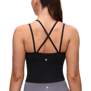 image:imageCRZ YOGA Butterluxe Cross Back Crop Tank Tops for Women  V Neck Padded Spaghetti Straps Yoga Strappy Longline Sports BrasBlack