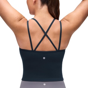 image:imageCRZ YOGA Butterluxe Cross Back Crop Tank Tops for Women  V Neck Padded Spaghetti Straps Yoga Strappy Longline Sports BrasTrue Navy