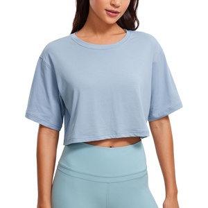 image:imageCRZ YOGA Pima Cotton Loose Crop TShirts for Women  Workout Yoga Casual Athletic Running Short Sleeve Shirts Crewneck TopsCambric Blue