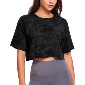image:imageCRZ YOGA Pima Cotton Loose Crop TShirts for Women  Workout Yoga Casual Athletic Running Short Sleeve Shirts Crewneck TopsCamo Multi 6