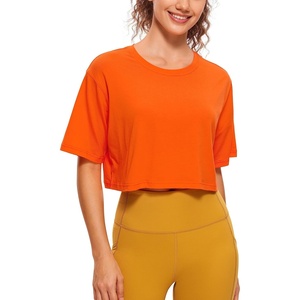 image:imageCRZ YOGA Pima Cotton Loose Crop TShirts for Women  Workout Yoga Casual Athletic Running Short Sleeve Shirts Crewneck TopsCoral