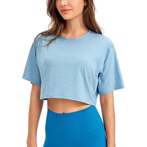 image:imageCRZ YOGA Pima Cotton Loose Crop TShirts for Women  Workout Yoga Casual Athletic Running Short Sleeve Shirts Crewneck TopsHeathered Neptune Blue