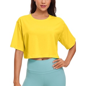 image:imageCRZ YOGA Pima Cotton Loose Crop TShirts for Women  Workout Yoga Casual Athletic Running Short Sleeve Shirts Crewneck TopsHigh Visibility Yellow