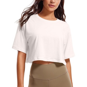 image:imageCRZ YOGA Pima Cotton Loose Crop TShirts for Women  Workout Yoga Casual Athletic Running Short Sleeve Shirts Crewneck TopsMilky White Bone