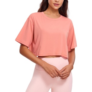 image:imageCRZ YOGA Pima Cotton Loose Crop TShirts for Women  Workout Yoga Casual Athletic Running Short Sleeve Shirts Crewneck TopsPeach Pink