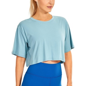 image:imageCRZ YOGA Pima Cotton Loose Crop TShirts for Women  Workout Yoga Casual Athletic Running Short Sleeve Shirts Crewneck TopsPure Blue