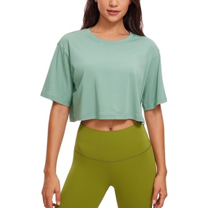 image:imageCRZ YOGA Pima Cotton Loose Crop TShirts for Women  Workout Yoga Casual Athletic Running Short Sleeve Shirts Crewneck TopsSoft Seagrass