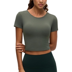 image:imageCRZ YOGA Softembrace Crewneck Crop Tops for Women  Casual Going Out Soft Short Sleeve Shirts Basic Fitted Baby TeesLight Army Green